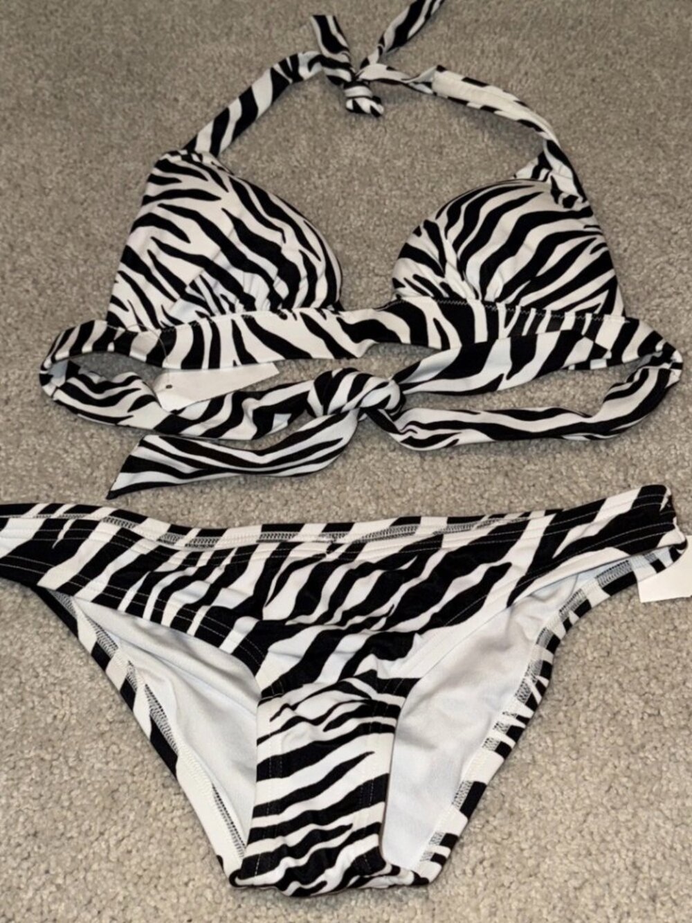 Victoria's Secret Swim Zebra Triangle Bikini Swim Set Black & White Halter XS